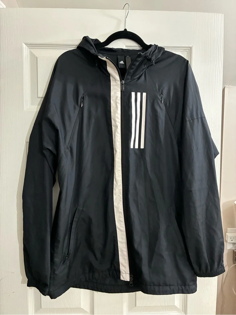 adidas Black Windbreaker Jacket with White Stripe Accents